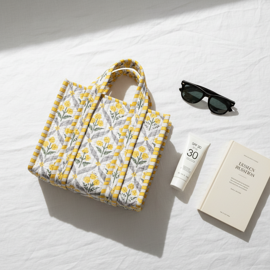 Mini Tote Clara flat lay con accesorios